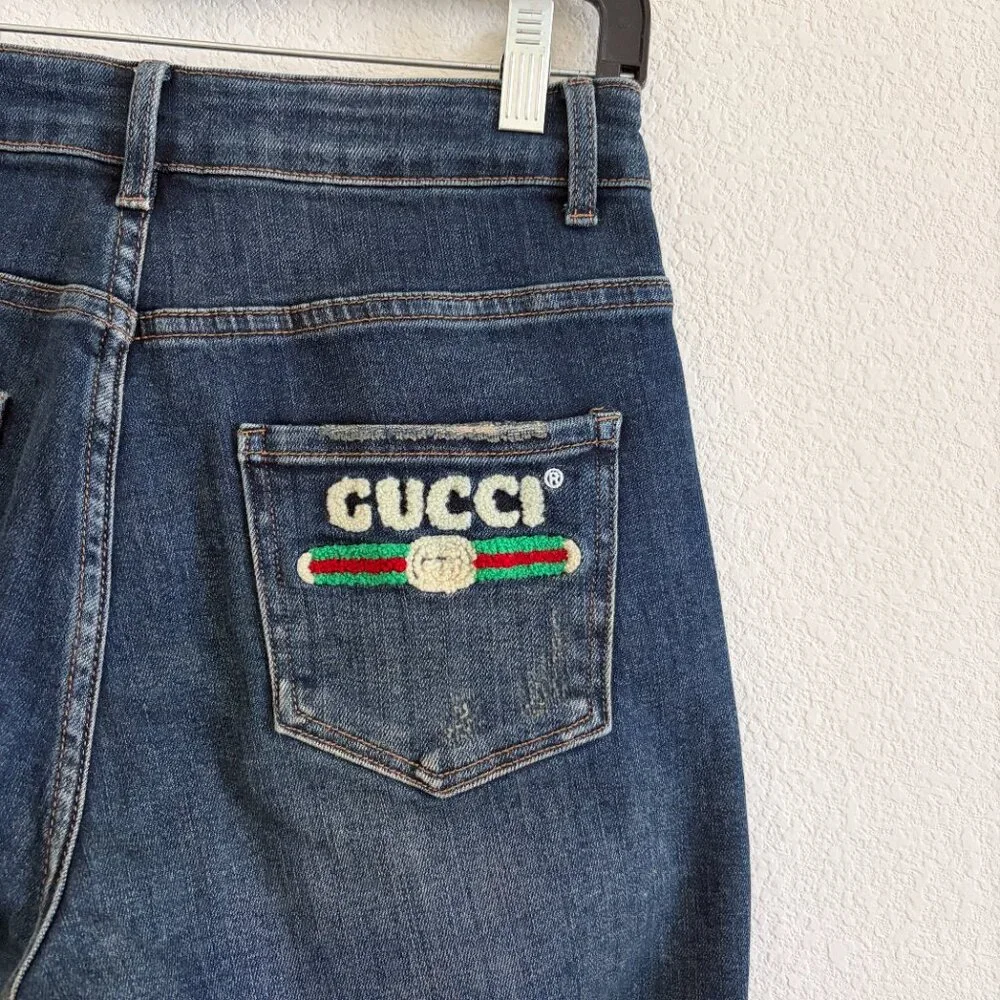 Bee Embroidered Jean Womens 27 x 27 Blue Tapered Stretch Denim Designer Inspired - Picture 12 of 12